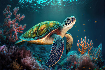 Fototapeta premium Tropical Serenity: A Sea Turtle in Paradise. Generative Ai