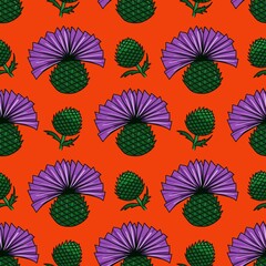 Flowers seamless pattern. Thistle flower, botanical background, hand drawn illustration