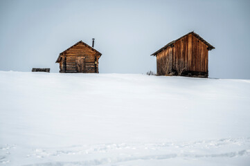 Alta Val Badia in winter. The village of La Val surrounded by the Dolomites. 