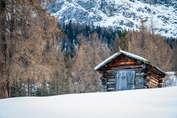 Alta Val Badia in winter. The village of La Val surrounded by the Dolomites. 