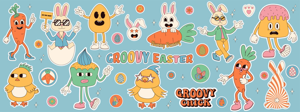 Groovy hippie Happy Easter stickers. Easter bunny, eggs, flower, chickens. Sticker pack of cartoon characters and elements in trendy retro 60s 70s cartoon style.