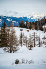 Alta Val Badia in winter. The village of La Val surrounded by the Dolomites. 