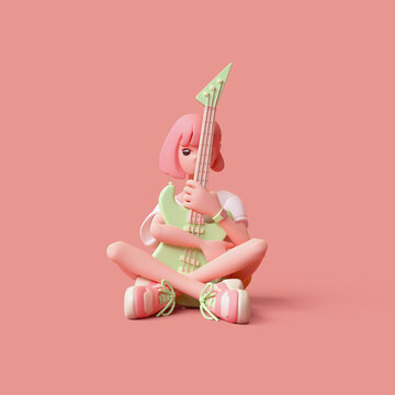 Cute kawaii funny asian music lover pink-haired k-pop girl sits cross-legged hugging a light green electric guitar with her hands has fun joy. Lessons at school education. 3d render in pastel colors.