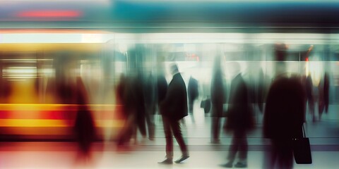 Blurry people in the subway. Speed of life, futuristic blurred people at bus stop. Generative AI - obrazy, fototapety, plakaty