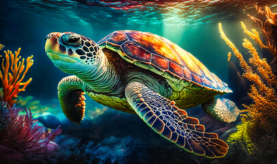 Fototapeta premium A sea turtle lazily swimming in the warm waters