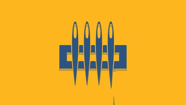 Blue Needle for sewing icon isolated on orange background. Tailor symbol. Textile sew up craft sign. Embroidery tool. 4K Video motion graphic animation