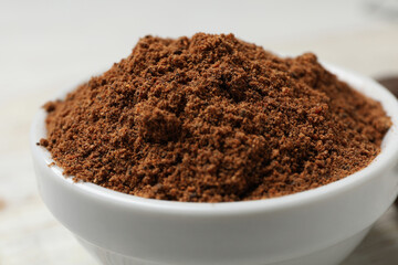Concept of different spices and condiments, nutmeg powder