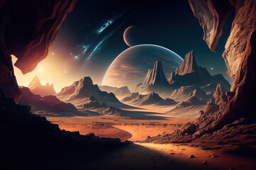 Space  landscape. Desert landscape on the surface of another planet with mountains and giant moon in space. Extraterrestrial landscape, scenery of alien planet in deep space. Generative AI - obrazy, fototapety, plakaty