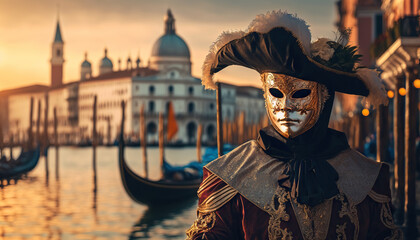 Plakat Masked person in carnival costume in Venice. Based on Generative AI