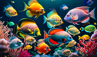 Fototapeta na wymiar A school of colorful fish darting around coral reefs