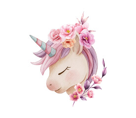beautiful unicorn watercolor illustration with flower, stars and glitter © Yuni
