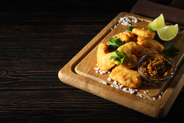 Concept of tasty fast food, nuggets, space for text