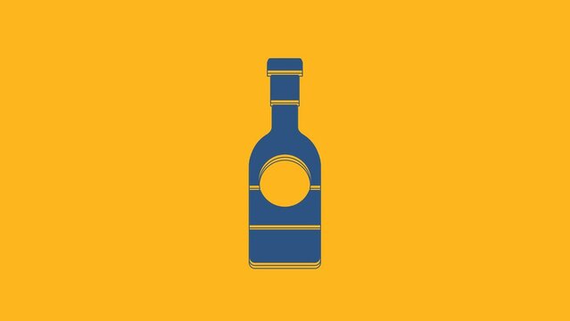 Blue Champagne bottle icon isolated on orange background. 4K Video motion graphic animation