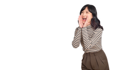 Obraz na płótnie Canvas Happy young asian woman, professional entrepreneur standing in casual clothing, open mouths raising hands shout announcement, white background