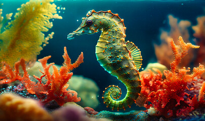 A seahorse floating peacefully in the gentle currents - obrazy, fototapety, plakaty