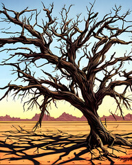 Dead tree with bare branches in desert landscape, generative ai illustration