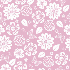 Cute seamless pattern with white beautiful flowers and leaves on pink background