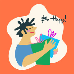 Happy Birthday greeting card design. Young man with a presents of flowers and handwritten signature Happy Birthday on a bright background. Template for IG, web, postcard, social network