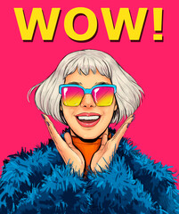Surprised Pop Art fashion woman in  glasses. Advertising poster or party invitation with sexy club smiling girl with open mouth in comic style. Presenting your product. Expressive facial expressions
