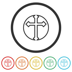 Obraz premium Line art christian cross logo icons in color circle buttons
