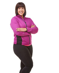 Ready to get fit. Portrait of a plus-size model in exercise clothes against a white background.