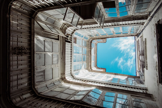 Sky seen above light well, Cadiz, Andalusia, Spain