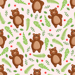 Seamless vector pattern with forest brown bear, leaves and berries. Vector illustration for fabric, texture, wallpaper, poster, postcard. Editable elements. Cartoon design.
