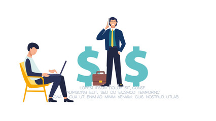 Vector flat illustration. A businessman negotiates finances, an employee works on a laptop. Annual business plan. Banner, presentation, financial savings, business.Business economy, electronic banking