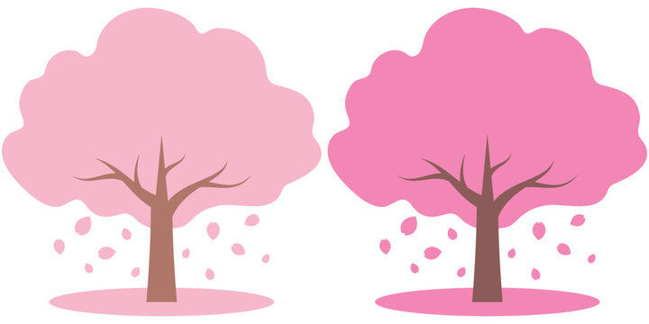 花びらが散って桜の絨毯ができている桜の木のイラスト（2色セット）