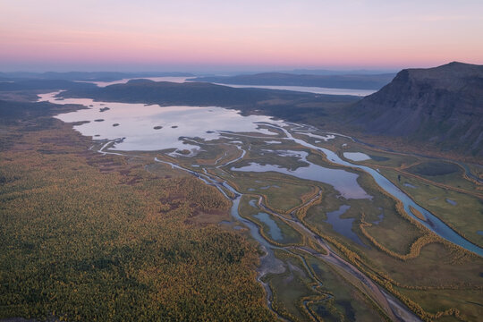 View over Rapadalen from summit of Skierfe, Sarek National Park, Lapland, Sweden