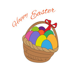 Colorful eggs in a basket. Traditional decoration. Hand lettering. Easter holiday.