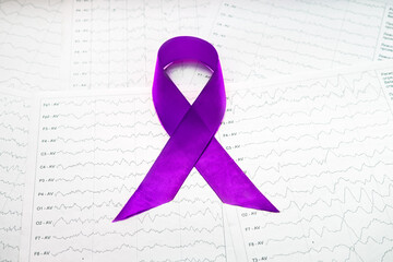 International Epilepsy Day, Epilepsy awareness. Purple ribbon on brain wave on electroencephalogram...