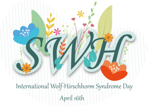 World Wolf Hirschhorm Syndrome Day16th April.SWH acronym surrounded by colorful flowers on white background.
