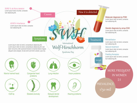 Wolf Hirschhorm syndrome infographic.SWH acronym surrounded by colorful flowers on white background and explanation of the causes, symptoms, detection and treatment with their respective icons.

