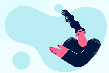 Glamorous woman points to side to draw attention to profitable promotion and invite to visit store