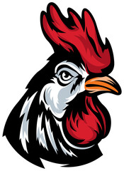 Head of rooster. Cock abstract character illustration. Graphic logo designs template for emblem. Image of portrait for company use