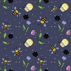 Honey, flowers and bees seamless pattern. Hand drawn, vector. Cartoon doodle floral background with bees for fabric, paper, print