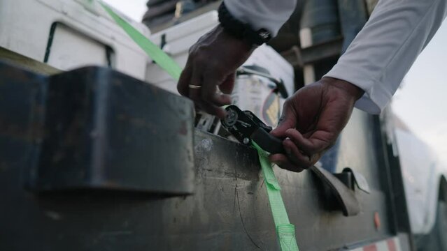 Ratcheting down coolers with green tie down strap onto truck trailer, close up slow motion 4k tracking shot of African American man's hands tightening
