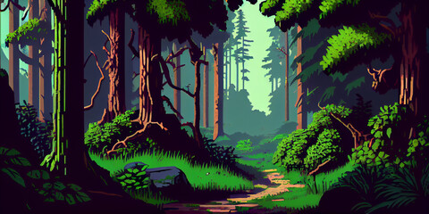Old school pc gaming concept. Forest scene in pixel art retro style. 2D level design for computer games. Old PC game nostalgia. Trees and path landscape. Generative ai.