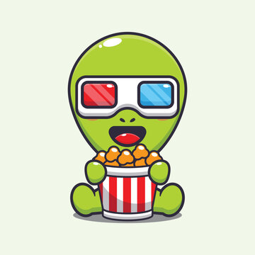 Cute alien eating popcorn and watch 3d movie cartoon vector illustration. 