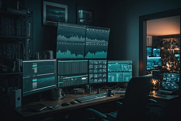 Dark room with many screens as a trading setup with charts on the screens. Generative AI