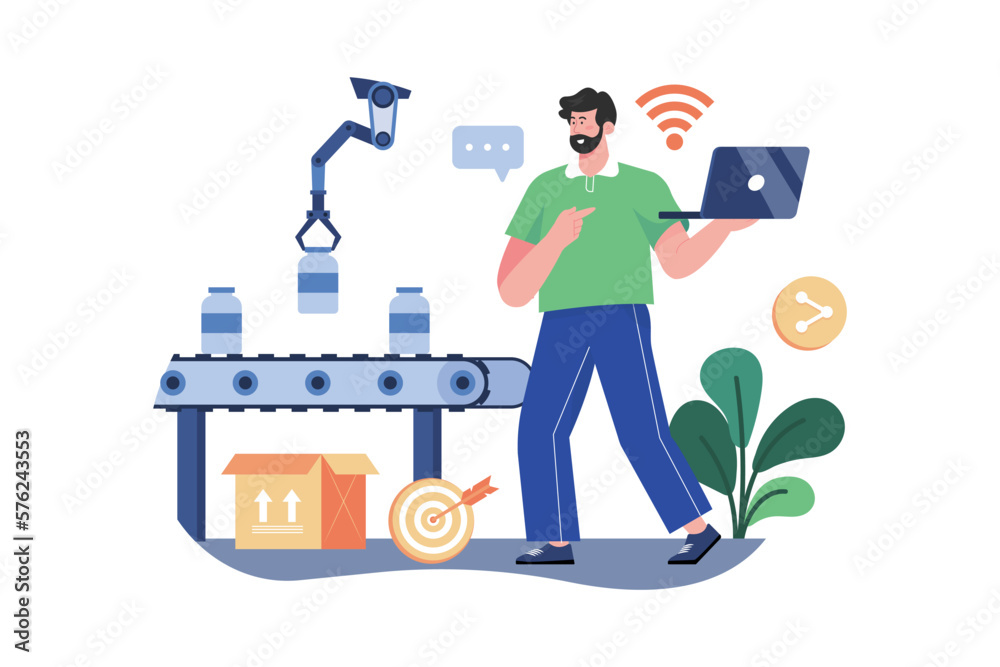 Wall mural worker using wi-fi from laptop controlling conveyor lines of automatic factory illustration concept 