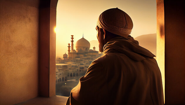 Reflection and Serenity: Back View of a Muslim Man Gazing Out from a Mosque at Dawn during Ramadan Fasting Month or Hajj season. Generative Ai.
