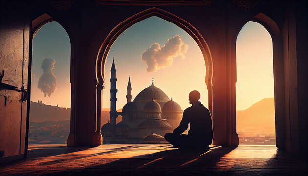 Reflection and Serenity: Back View of a Muslim Man Gazing Out from a Mosque at Dawn during Ramadan Fasting Month or Hajj season. Generative Ai.