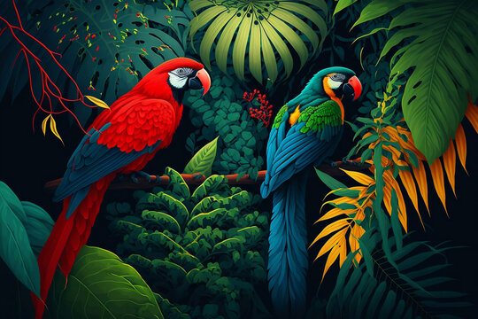 Illustration of a tropical rainforest with parrots. Generative AI.
