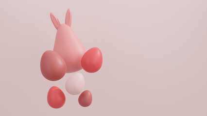 Easter poster and banner template, copy space of bunny statue and easter egg hunt on pink pastel background. 3d rendering