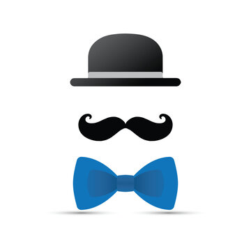 Black mustache, hat and blue bowtie on white background