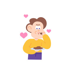 illustration of a boy eating brownies. like to eat brownies or chocolate cake. sweet food. happy brownies day. character illustration design. vector elements