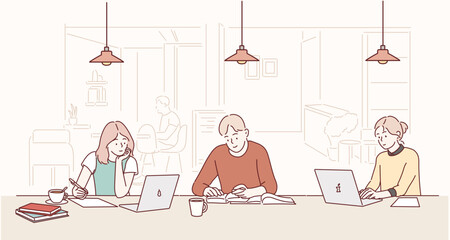 People studying at a study cafe. Hand drawn style vector design illustrations.