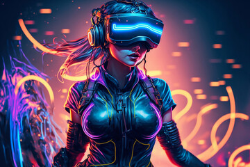 Woman wearing VR headset image created with Generative AI technology.